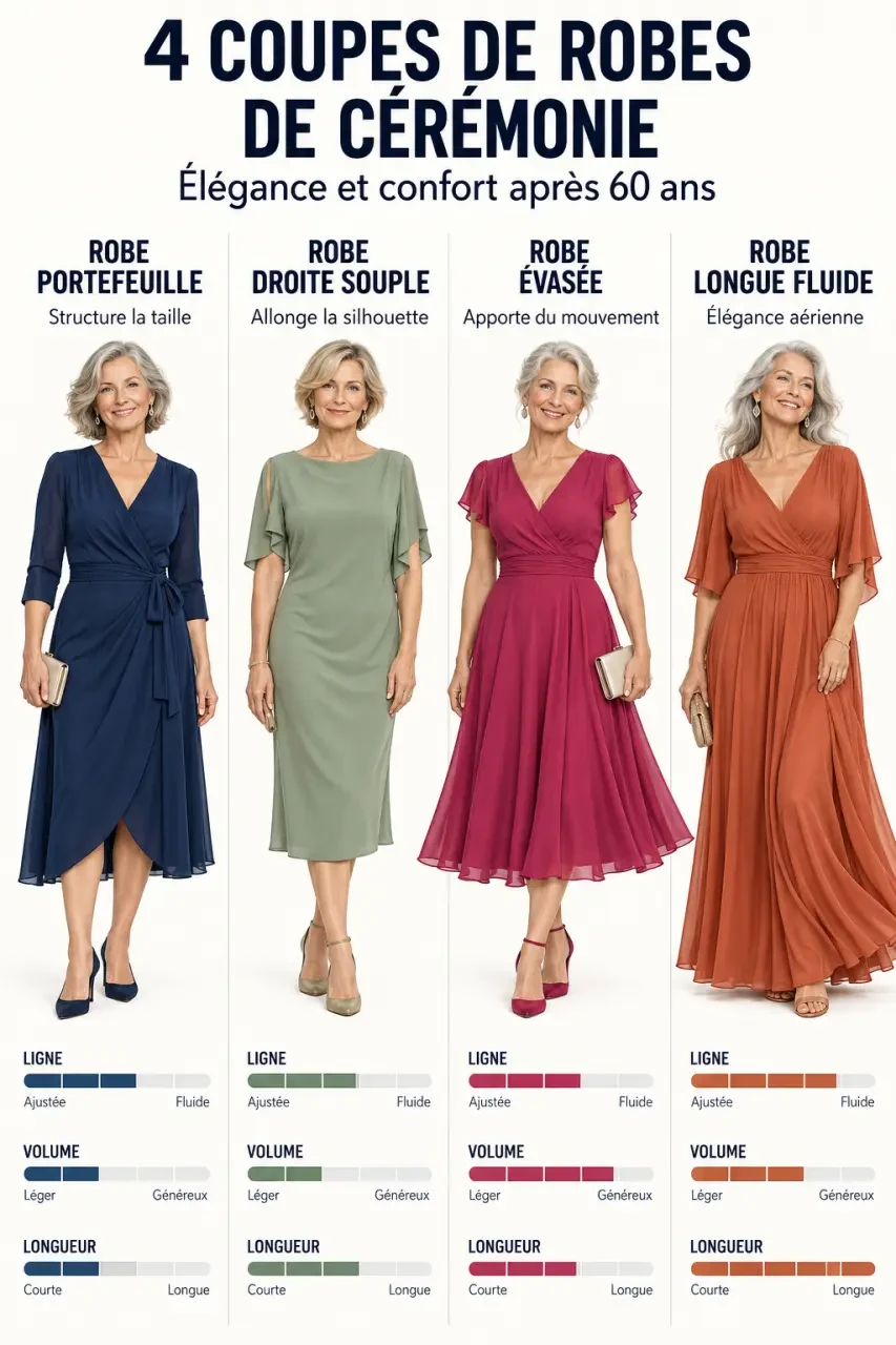 Infographie comparative de quatre coupes de robe cérémonie femme 60 ans