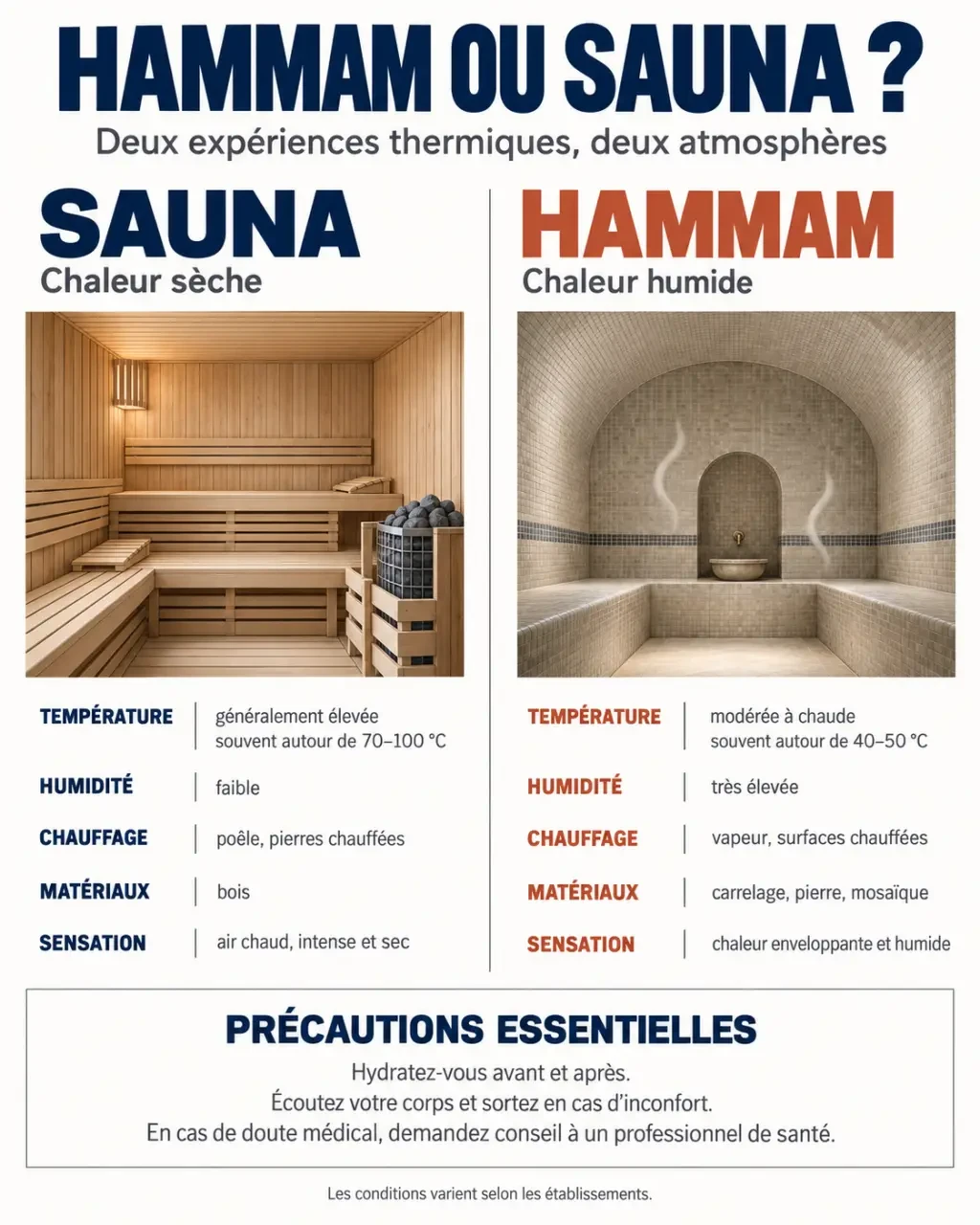Infographie comparative hammam ou sauna avec températures, humidité et principales différences