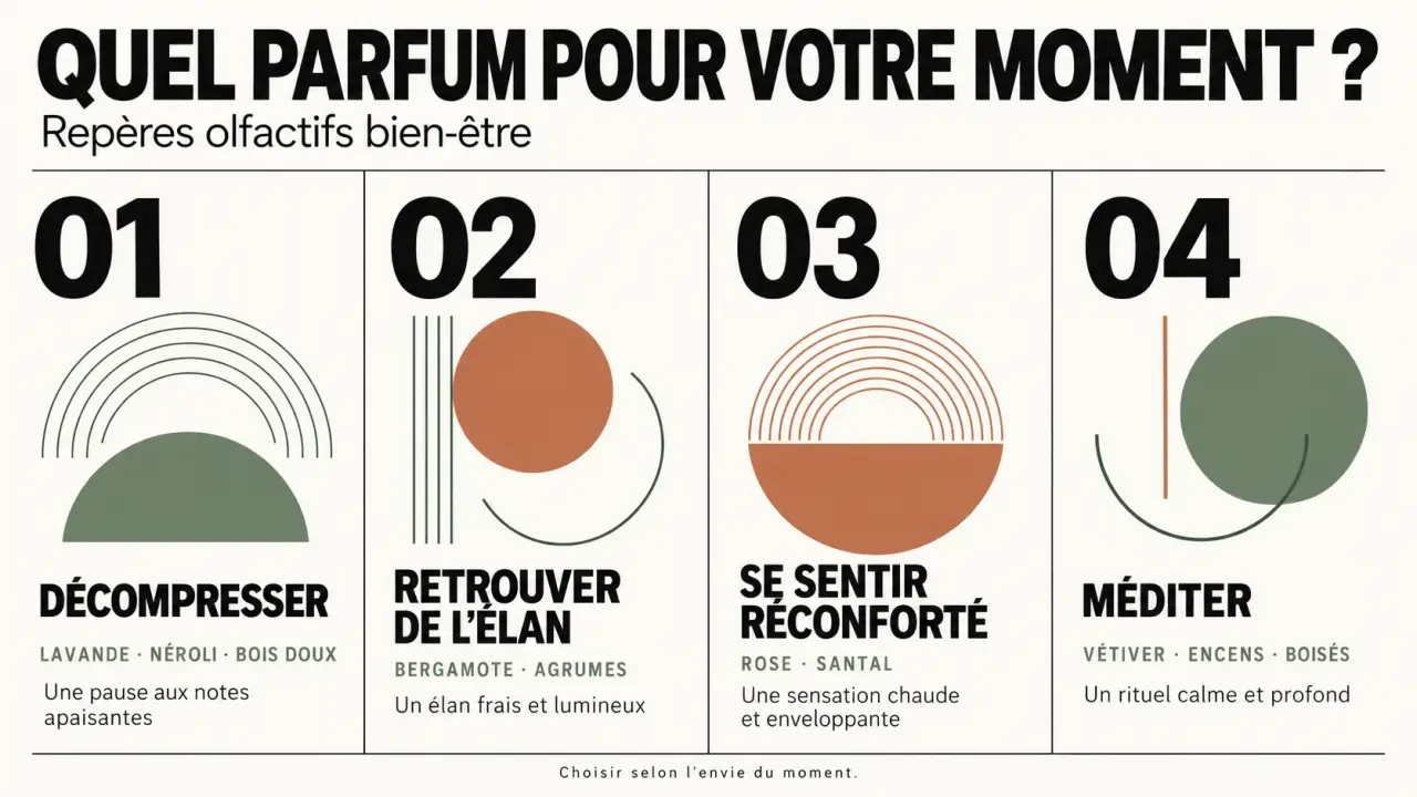 Infographie éditoriale sur le parfum bien-être selon les envies et les notes olfactives