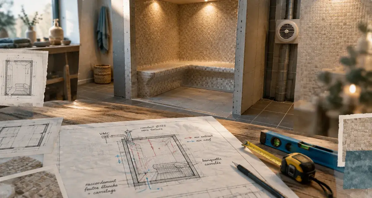 Hammam maison : cabine prête à carreler, sol carrelé et ventilation