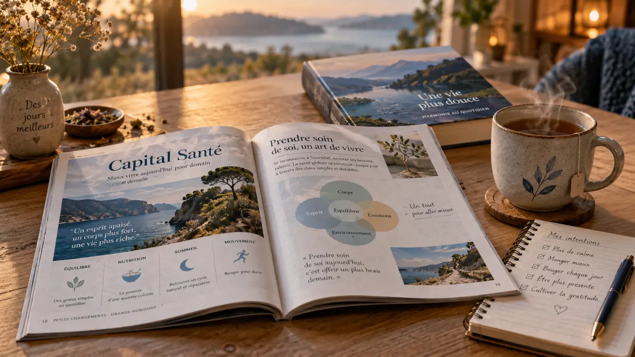 Magazine bien être sur table, tisane et carnet pour choisir selon vos besoins
