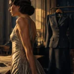 Mode femme année 30 40 : robe du soir et tailleur épaules structurées en atelier