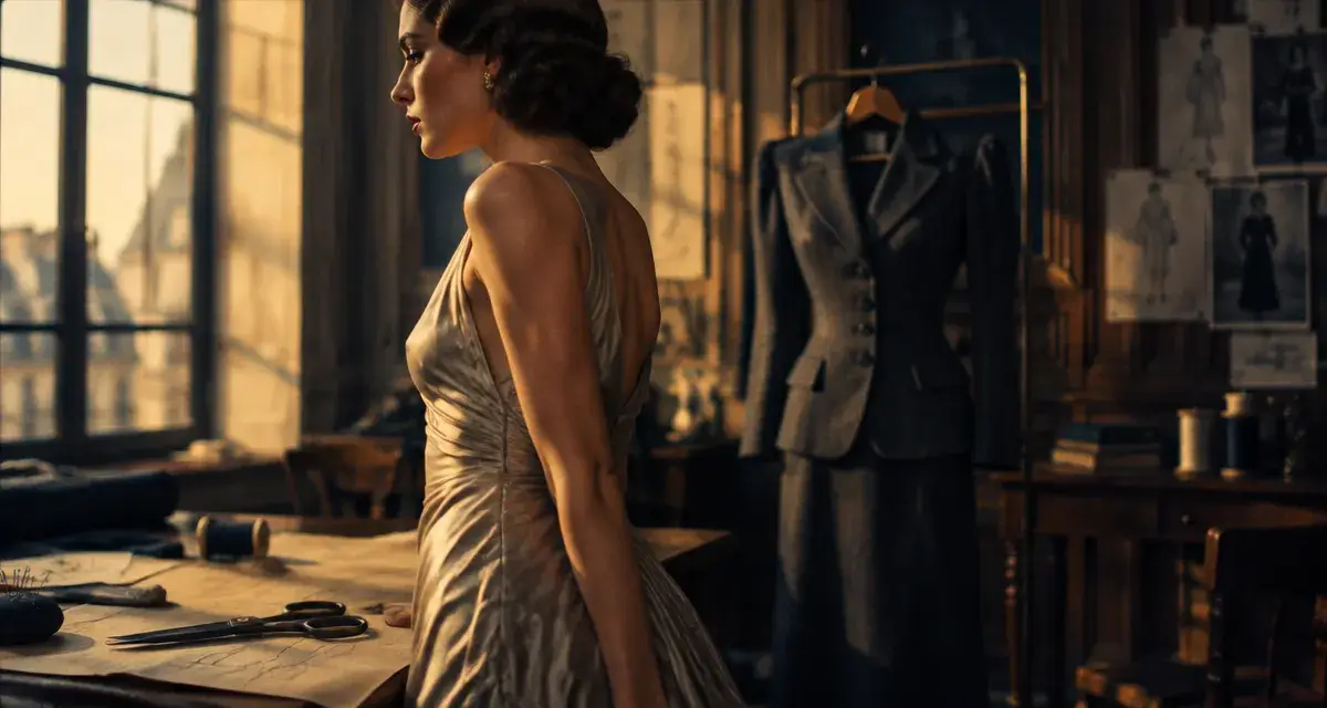 Mode femme année 30 40 : robe du soir et tailleur épaules structurées en atelier
