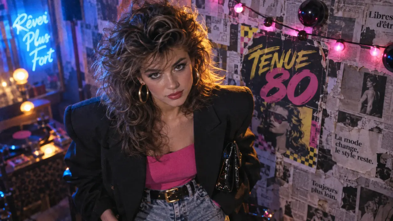 Mode tenue année 80 femme : look de soirée blazer oversize et jean taille haute