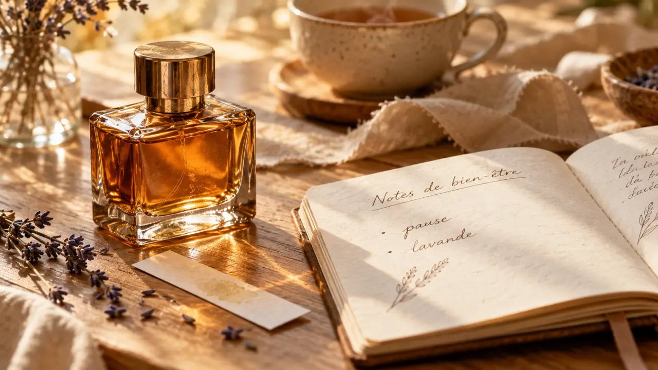 Parfum bien être, flacon ambré et notes de bien-être lavande